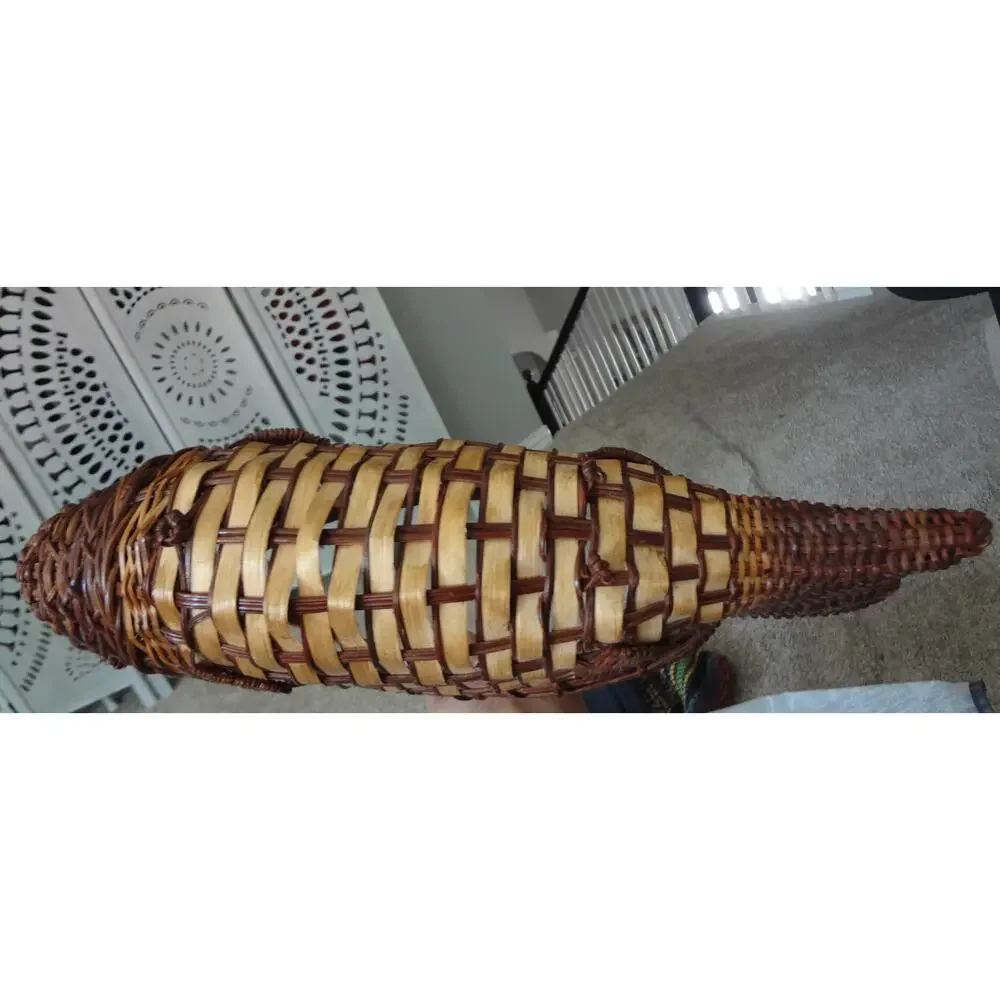 Vintage Mid Century 60s Woven Rattan Wicker FISH Basket Artisan Handcrafted Boho